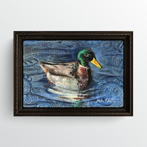 Peaceful Mallard on Lake, Unique Technique of Acrylic Paint on Upholstery Fabric, One of a Kind, Framed 14&quot;x10&quot;x2&quot;, Wired and Ready to hang