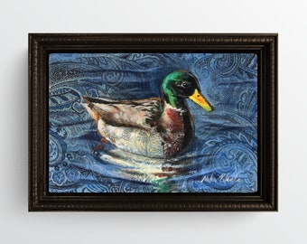 Mallard Duck Acrylic Painting on Upholstery Fabric, Framed Original Art