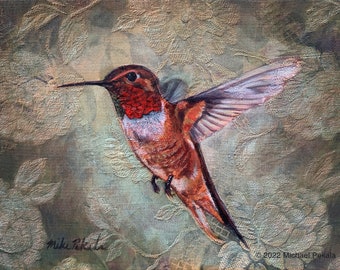 Hummingbird & flowers #8, Painting, Acrylic on upholstery fabric, 8x10 Luster print matted to 11x14