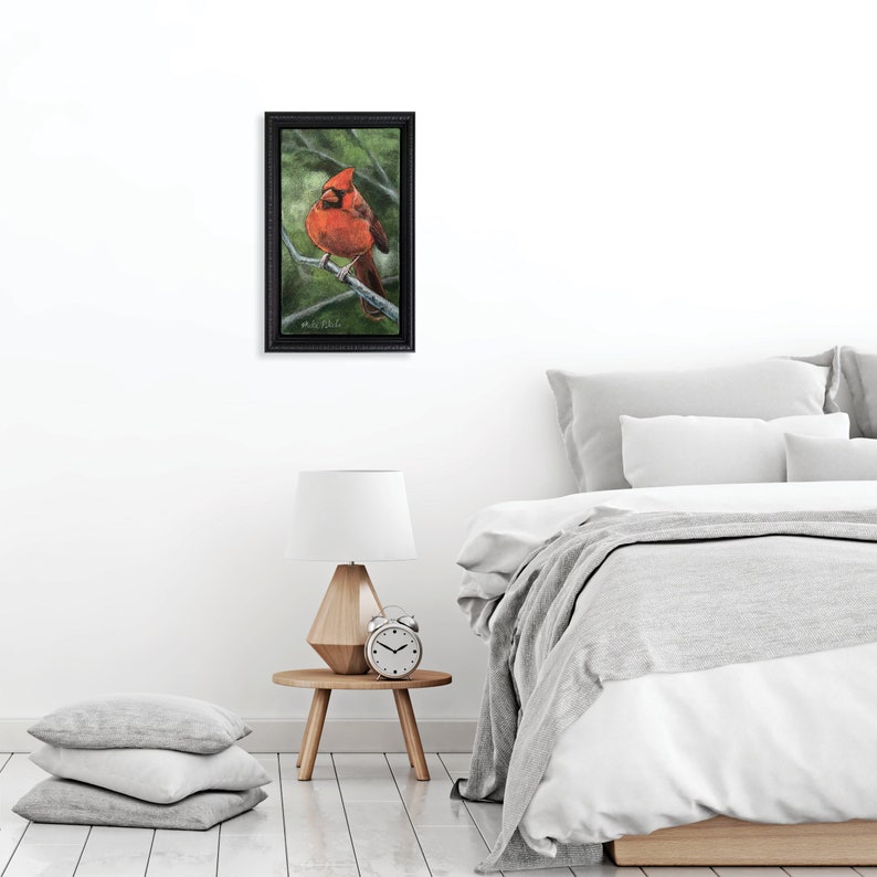 Original Acrylic painting of Rory the Cardinal on upholstery fabric, 8in x14in , Framed to 10in x 15in, Wired and Ready to hang image 5