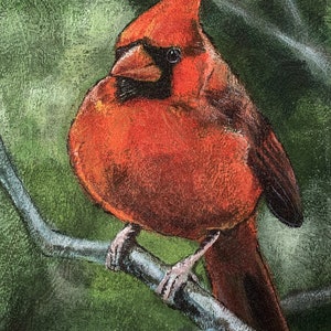 Original Acrylic painting of Rory the Cardinal on upholstery fabric, 8in x14in , Framed to 10in x 15in, Wired and Ready to hang image 2