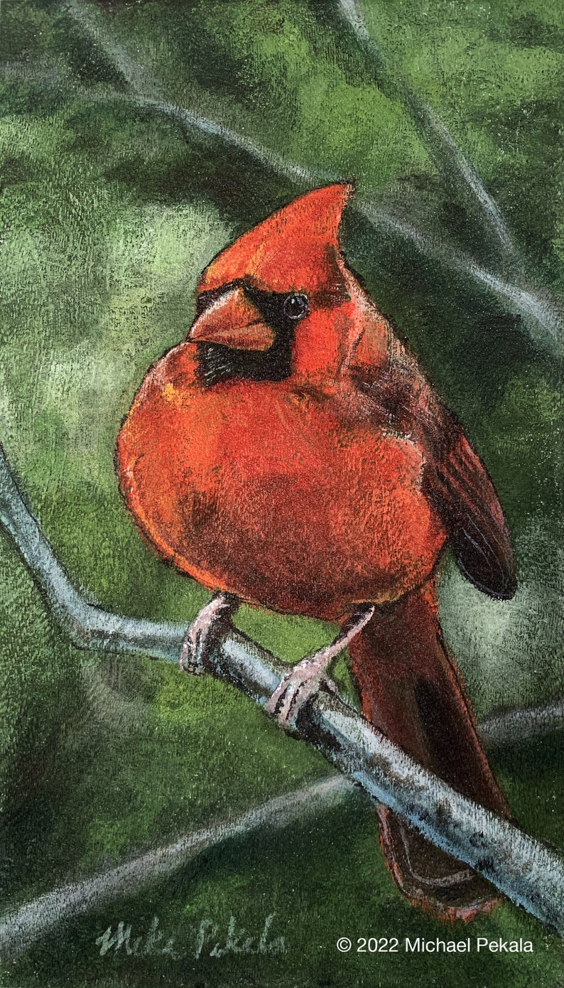 Original Acrylic painting of Rory the Cardinal on upholstery fabric, 8in x14in , Framed to 10in x 15in, Wired and Ready to hang image 2