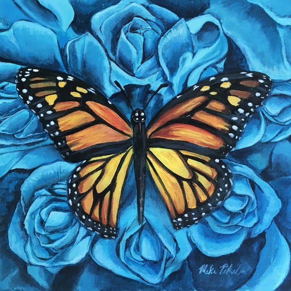 The Butterfly and the Blue Bouquet, Blue Roses, Monarch Butterfly, Acrylic painting print