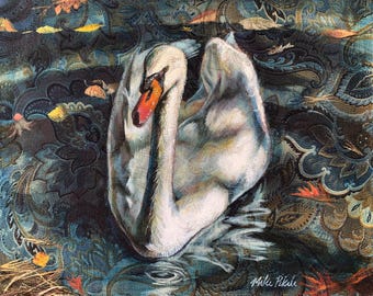The Swan on the PondPainting, Acrylic on Stretched Upholstery Fabric, 8x10 print double matted to 11x14