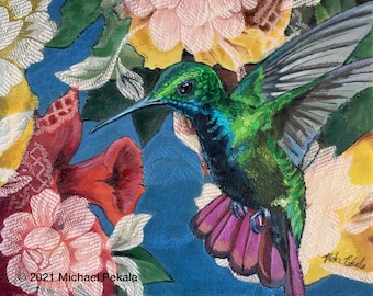 Hummingbird with flowers #4, Painting, Acrylic on upholstery fabric, 8x10 Luster print matted to 11x14