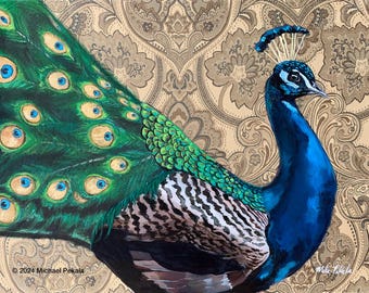Opulent Peacock, Peacock Painting, 8x10 luster print double matted to 11x14