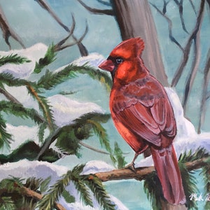 Cardinal in Winter Painting, Acrylic on Canvas, Archival 8x10 print matted to 11x14
