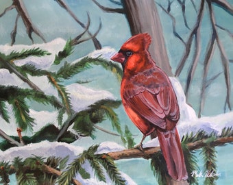 Cardinal in Winter Painting, Acrylic on Canvas, Archival 8x10 print matted to 11x14