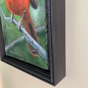 Original Acrylic painting of Rory the Cardinal on upholstery fabric, 8in x14in , Framed to 10in x 15in, Wired and Ready to hang image 3