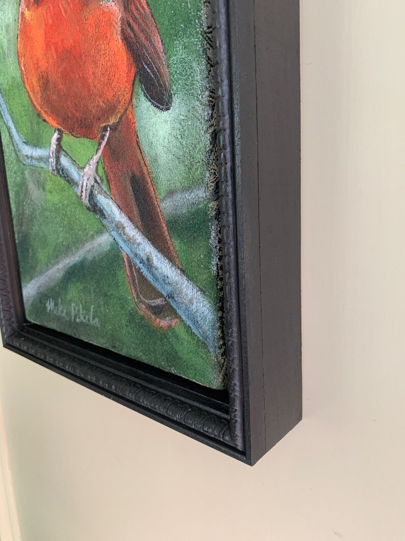 Original Acrylic painting of Rory the Cardinal on upholstery fabric, 8in x14in , Framed to 10in x 15in, Wired and Ready to hang image 3