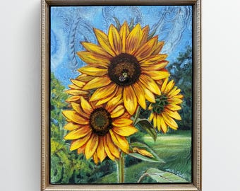 Original Acrylic Sunflower Painting on Upholstery Fabric - Framed