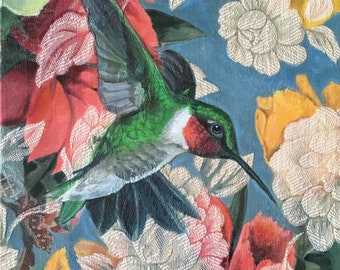 Hummingbird with flowers, Painting, Acrylic on upholstery fabric, 8x10 luster print matted to 11x14