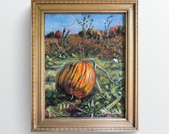 Autumn Pumpkin Field Painting, Acrylic on Upholstery Fabric, Gold Frame