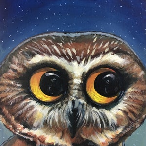Night Owl, Moon Shaped Eyes, Owl Close-up, Painting, Acrylic on Canvas, Archival print
