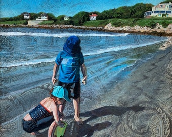 A Day at the Beach, Newport RI Beach Scene, Children playing on the beach, 8x10 luster print matted to 11x14