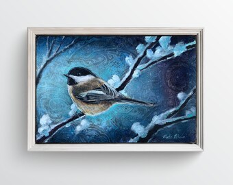 Chickadee in Snow Painting, Original Acrylic on Upholstery Fabric, Framed