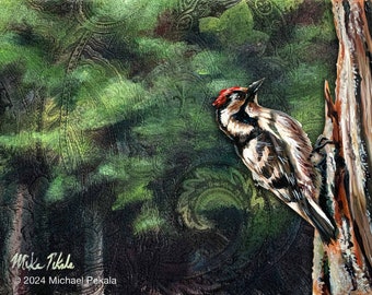 The Woodpecker, Acrylic on Stretched Upholstery Fabric and Acrylic Glass, 8x10 print matted to 11x14