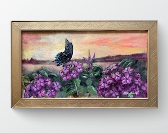 Framed Butterfly Sunset Painting: Acrylic on Fabric, Handmade Poplar Frame