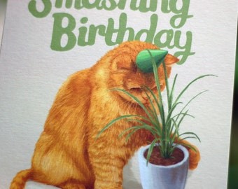 Funny High Quality Cats & Plants Pun Happy Birthday Card Humour Illustration UK 