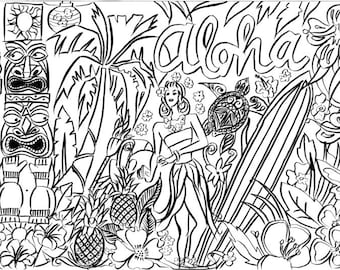 CLUB TROPICANA - Giant kids colouring mural - Hawaiian Luau party - 235 x 84cm black & white image perfect for parties