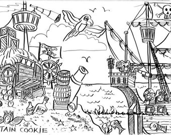 PIRATE - Sail the Seven Seas - Colouring Mural - 235 x 84cm black & white print on high quality paper.