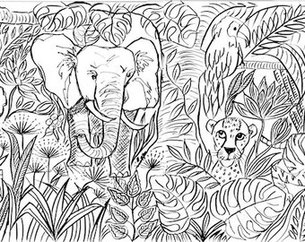 JUNGLE - Kids Colouring Wall Poster - Jungle is Massive -  Safari themed children's party - School projects