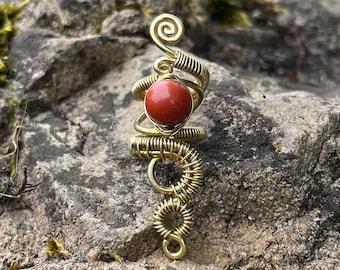 Unique Handmade One of a Kind Gold Brass Dreadlock Accessory with Red Jasper Gemstone