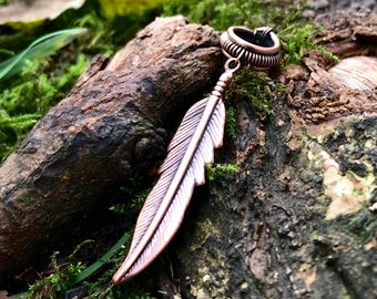 Handmade Antique Copper Feather Charm Loc Jewelry