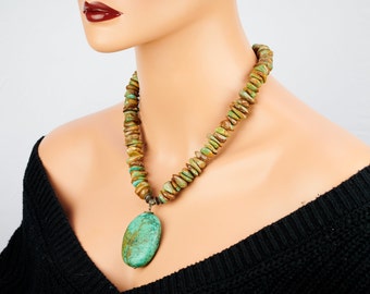 Genuine untreated statement American turquoise beaded necklace. Huge big statement Genuine blue brown Arizona turquoise pendant