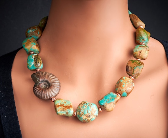 Statement Turquoise necklace Genuine Nugget Royston Nevada Turquoise solid large Madagascar ammonite fossil solid copper beaded necklace