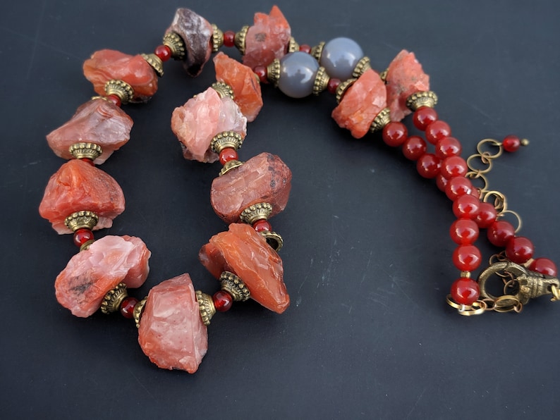 Genuine untreated raw rough red Agate beaded statement necklace Natural red raw gemstone Agate necklace