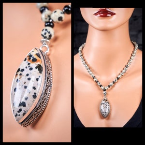 Genuine dalmatian jasper gemstone beaded necklace pendant. dalmatian jasper silver pendant. Genuine black Agate dalmatian jasper necklace