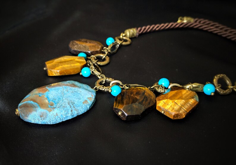 blue ocean jasper slab tiger eye necklace Genuine Tiger Eye blue Jasper slice blue Turquoise brass leather statement Gemstone necklace