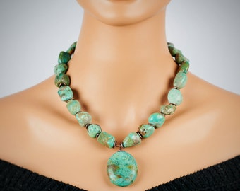 Huge Genuine nugget blue brown American turquoise statement beaded necklace. Huge big Genuine Arizona turquoise pendant necklace