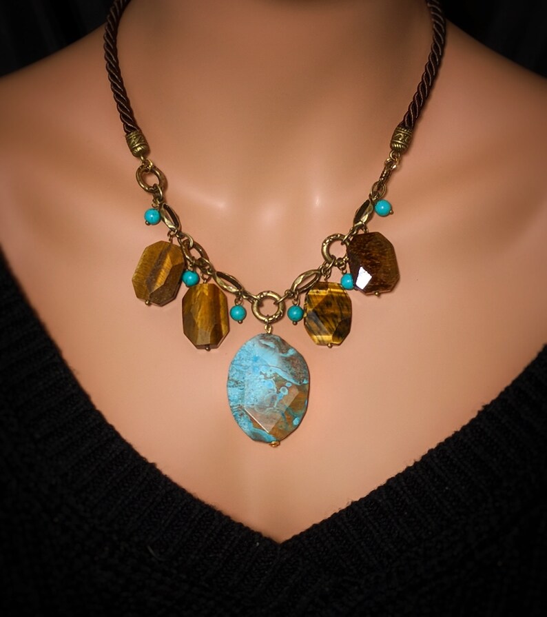 blue ocean jasper slab tiger eye necklace Genuine Tiger Eye blue Jasper slice blue Turquoise brass leather statement Gemstone necklace