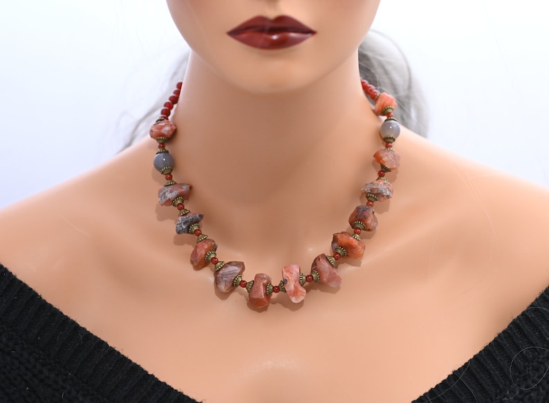 Genuine untreated raw rough red Agate beaded statement necklace Natural red raw gemstone Agate necklace