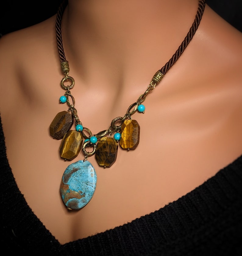 blue ocean jasper slab tiger eye necklace Genuine Tiger Eye blue Jasper slice blue Turquoise brass leather statement Gemstone necklace