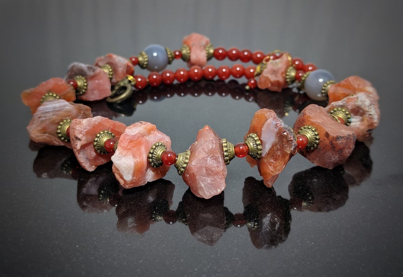 Genuine untreated raw rough red Agate beaded statement necklace Natural red raw gemstone Agate necklace