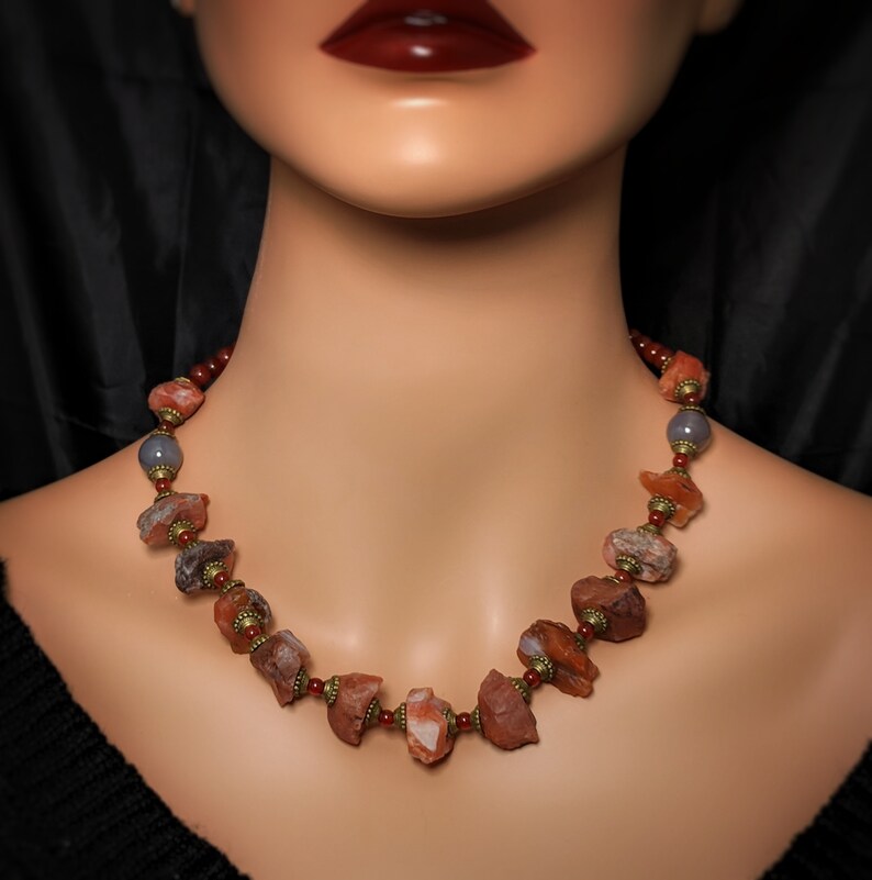 Genuine untreated raw rough red Agate beaded statement necklace Natural red raw gemstone Agate necklace