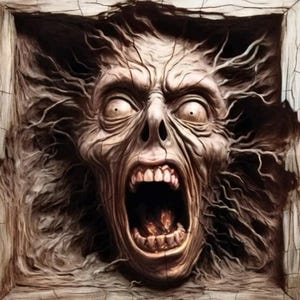 May include: A close-up of a wooden sculpture of a screaming face with a wide open mouth and sharp teeth. The face is surrounded by a wooden frame.