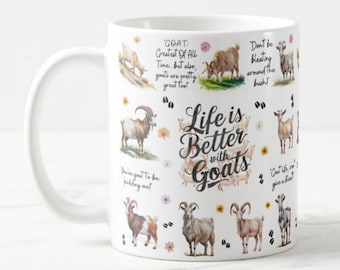 Puede incluir: Taza de cerámica blanca con ilustraciones de acuarela de cabras y detalles florales. La taza tiene el texto "Life is Better with Goats" y otras frases relacionadas con las cabras. Un gran regalo para los amantes de las cabras.
