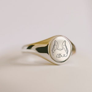 Custom Dog or Cat Ears Outline Tattoo  Sterling Silver or Solid Gold or Gold Plated Unisex Signet Ring |   Jewelry Pet Memorial Ring