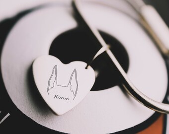 Custom Dog or Cat Ears Outline Tattoo Inspired Heart Keychain | Minimal Dainty Sterling Silver, Gold Filled, or Brass Personalized Gift