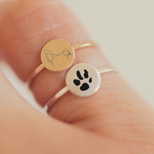 Custom Paw Print and Dog or Cat Ears Tattoo Inspired Mini Sterling Silver Gold Unisex Dainty Stacking Ring Set | Minimal Dainty Pet Memorial