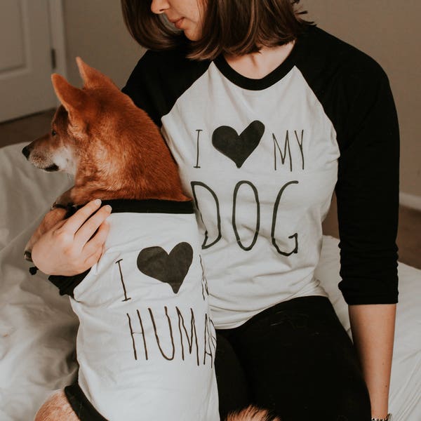 I Love My Dog I Love My Human T-Shirt Set for Dog & Human | Unisex or Women's Graphic Baseball Raglan Tee Shirt Set | Love My Dog Shirt Set