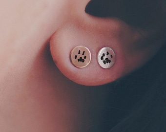 May include: A close-up of a person's ear with two small silver earrings. The earrings are round and have a paw print design.