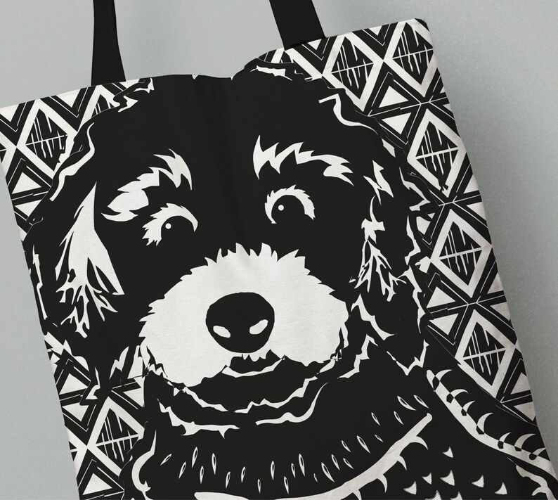 In 3 Sizes Black /& White Tote Carryall NEW BREED! Linocut Bold Patterned Doodle Labradoodle Goldendoodle Aussie Doodle Dog Tote Bag
