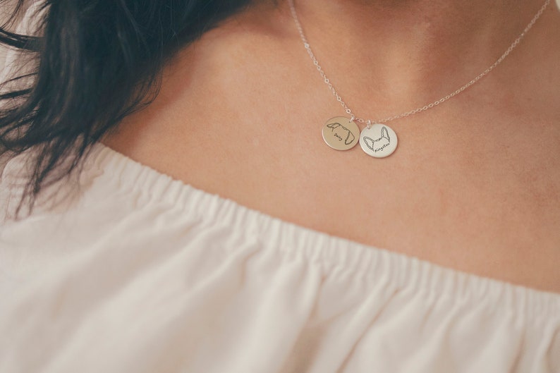 Custom Dog or Cat Ears Multiple or Single Pendant Outline Tattoo Inspired Engraved Necklace Minimal Dainty Silver or Gold Graphic Jewelry image 4