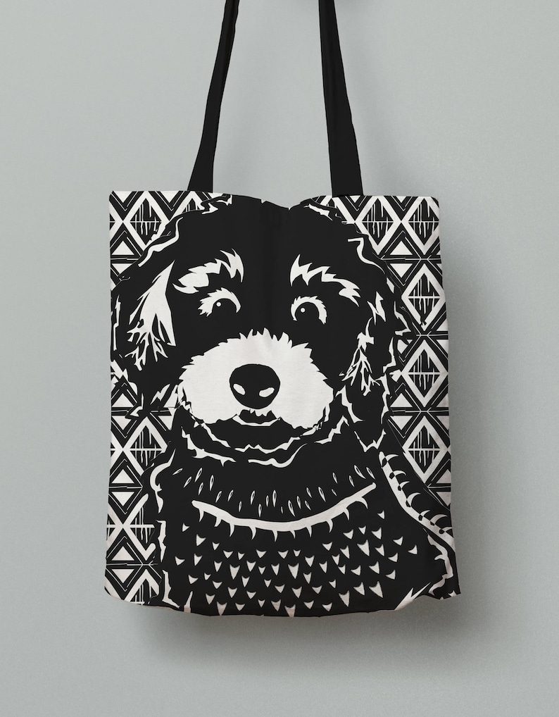 In 3 Sizes Black /& White Tote Carryall NEW BREED! Linocut Bold Patterned Doodle Labradoodle Goldendoodle Aussie Doodle Dog Tote Bag