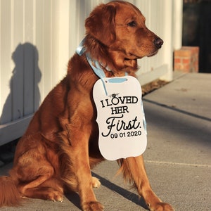 May include: A golden retriever dog sits outdoors, wearing a sign that reads "I Loved Her First" with the date 09 01 2020. The sign is white with black text and is attached with a light blue ribbon.